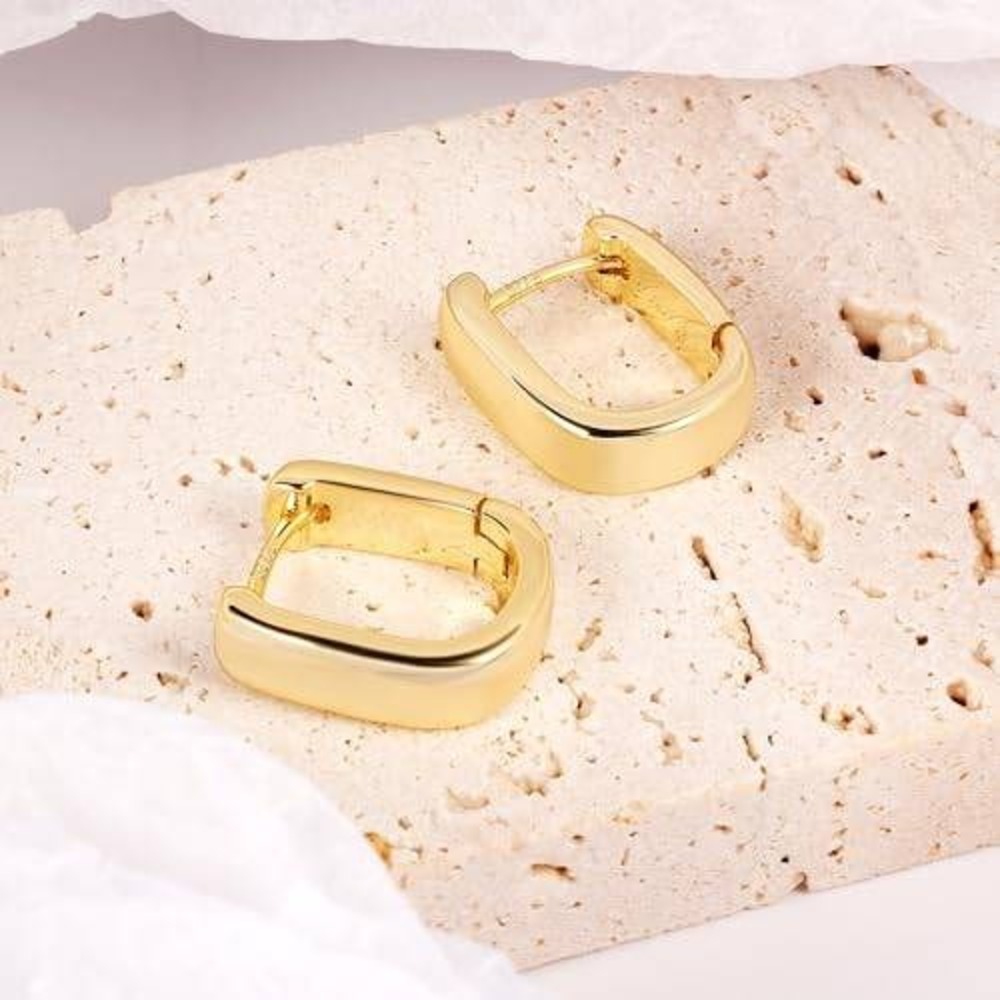 18K‎ Gold Plated S925 Sterling Silver U-Shape Hoop Earrings Chunky Rectangular